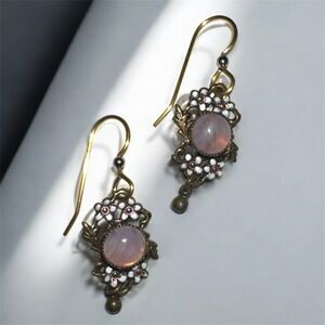 Vintage Opalite Enamel Floral Brass Filigree Dangle Earrings 1.5” Victorian